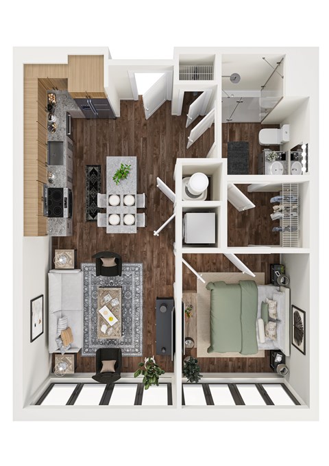 Floor plan for 1 bed, 1 bath, 672 sqft